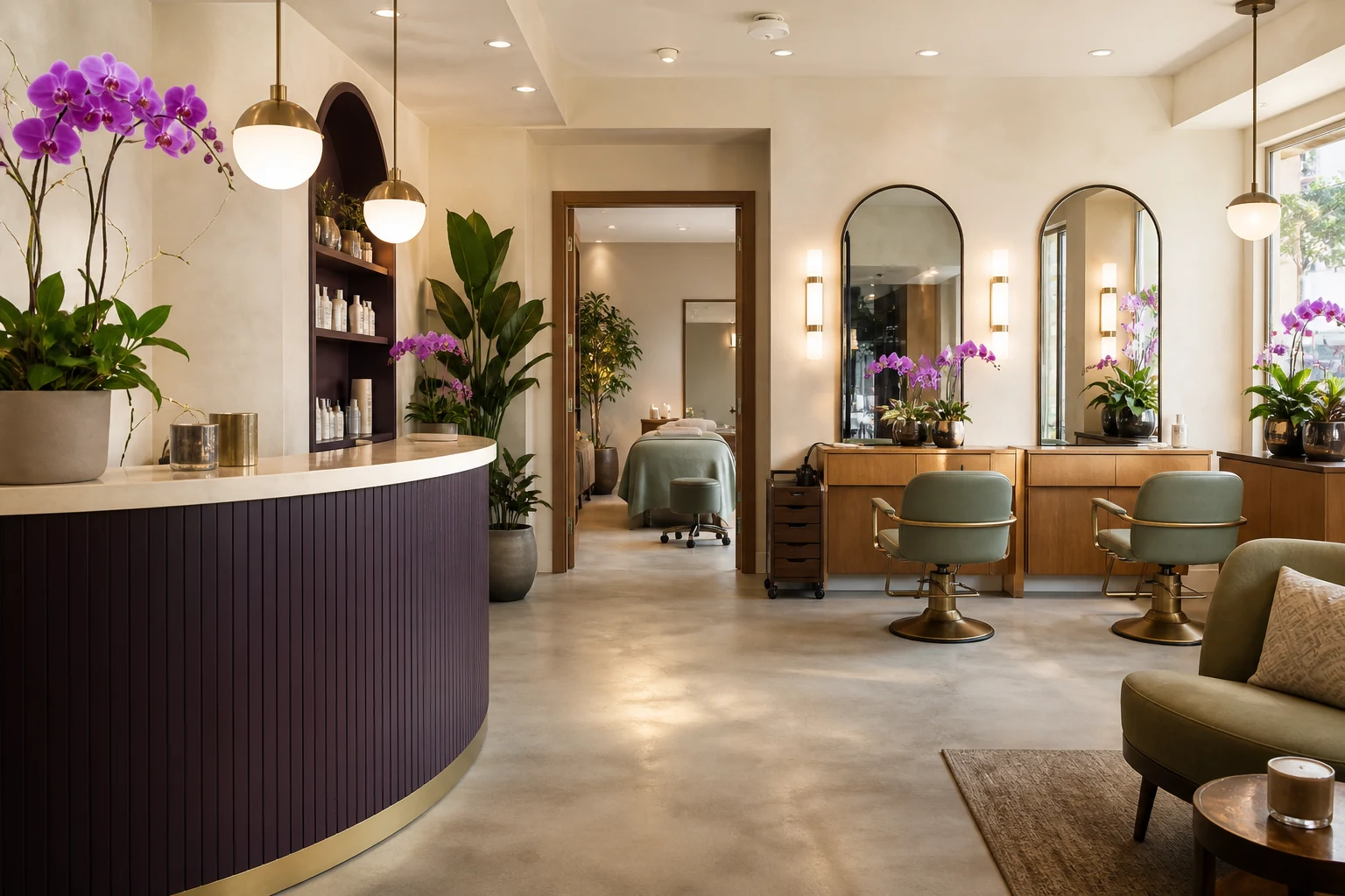 Interior Orchid Salon and Spa yang tenang dengan dekorasi bunga anggrek